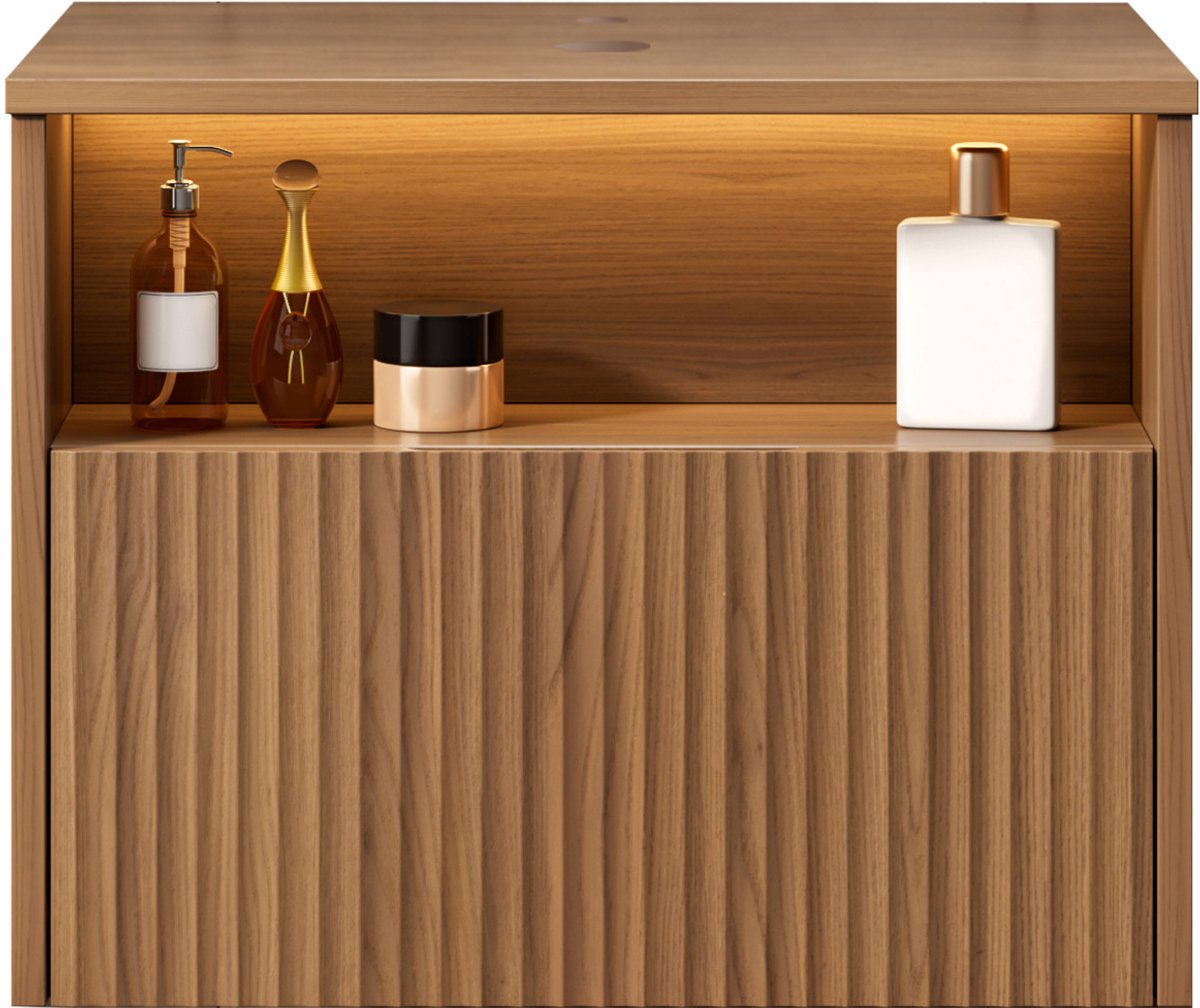 OKWISH Badkamerkast - Wandgemonteerde Kast Met Lade En Open Vak - Voor Badkameropslag - Houtlook Bruin Eiken - 69 x 55 x 54 cm