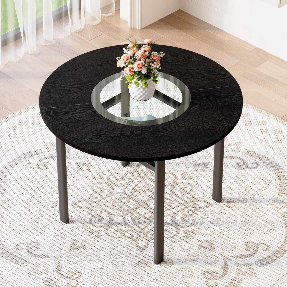 Wishdor Ronde eettafel - Modern minimalistisch - MDF blad met glasinleg - Metalen frame - Zwart - Ø 100 x 76 cm