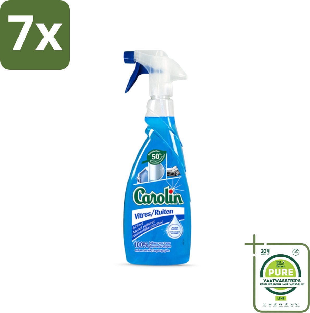 7 x Carolin - Glas- en Ruitenreiniger - Met Natuurlijke Alcohol - 650 ml - Grootverpakking - Glasreiniger - Ramen Schoonmaken - Streeploos - Natuurlijke Reiniger - Alcohol Reiniger