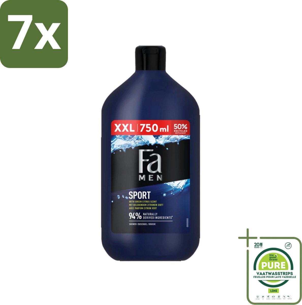 7 x Fa Men - Sport - Douchegel - Groene Citrus - 750 ml - Grootverpakking - Douchegel - Mannen - Groene Citrus - Verfrissend - Sport