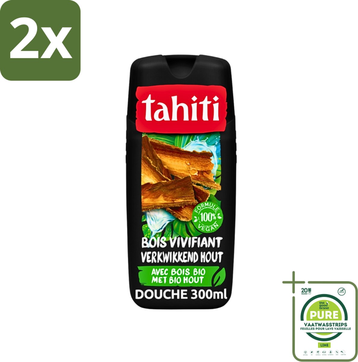 Tahiti - Douchegel - Verkwikkend Bio Hout - 100% Vegan - 300 ml - Voordeelverpakking - 2 stuks - Douchegel - Houtgeur