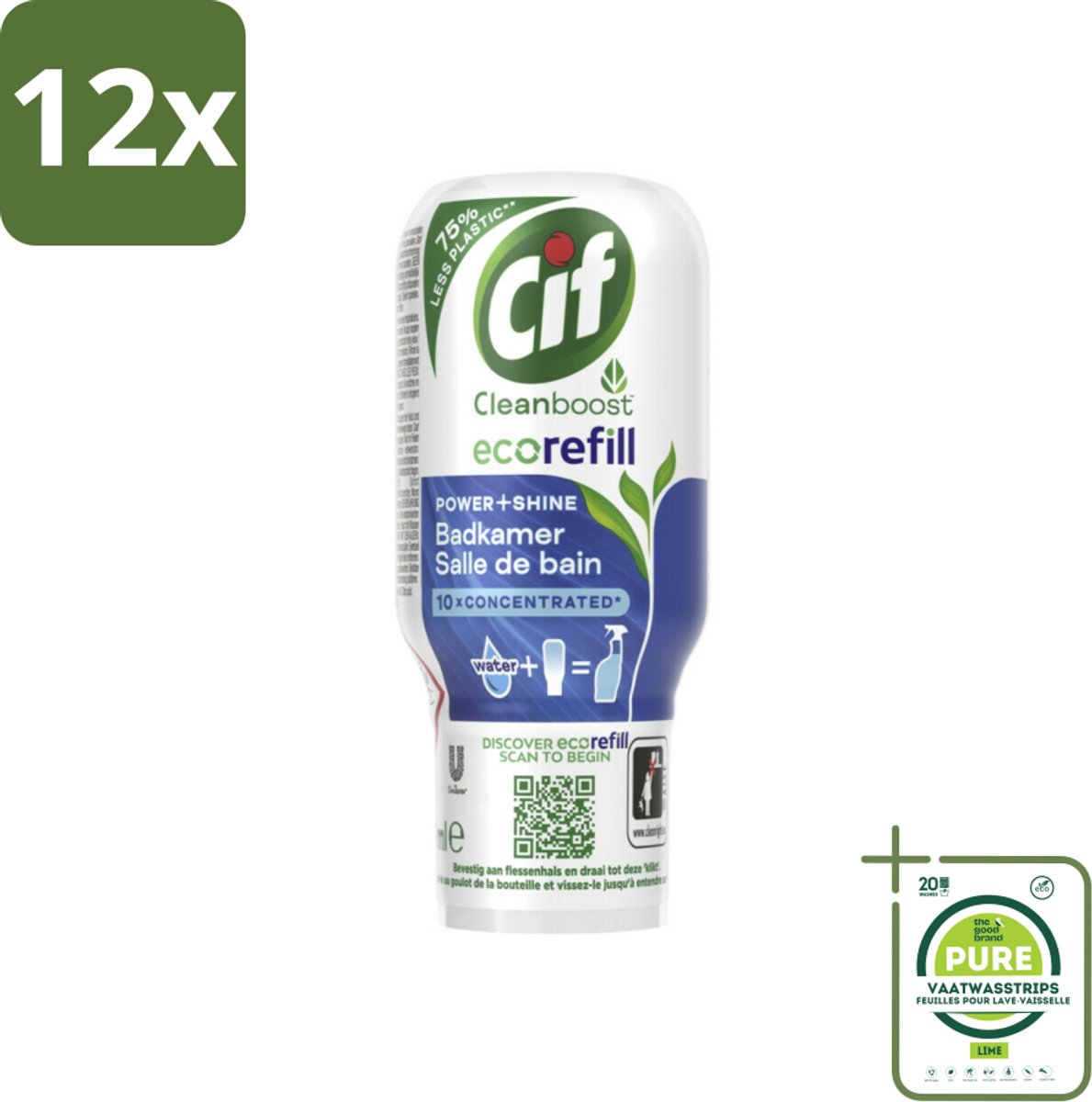 Cif Eco Refill - Power & Shine - Badkamerreiniger - Spray - 70 ml - Voordeelverpakking - 12 stuks - Badkamerreiniger - Ecologische reiniging