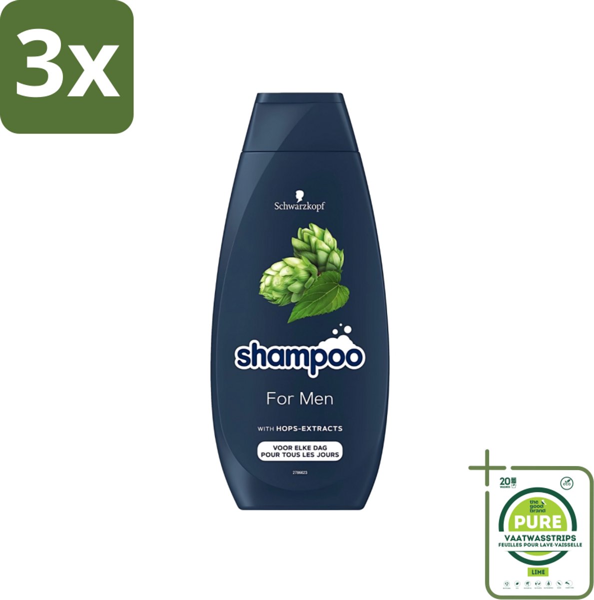 3 x Schwarzkopf - Shampoo - For Men - Met Hop Extract - Voor elke dag - 400 ml - Grootverpakking - Haarversterkend Shampoo - Shampoo Voor Mannen - Hop Extract Shampoo - Volume Shampoo - Vegan Shampoo