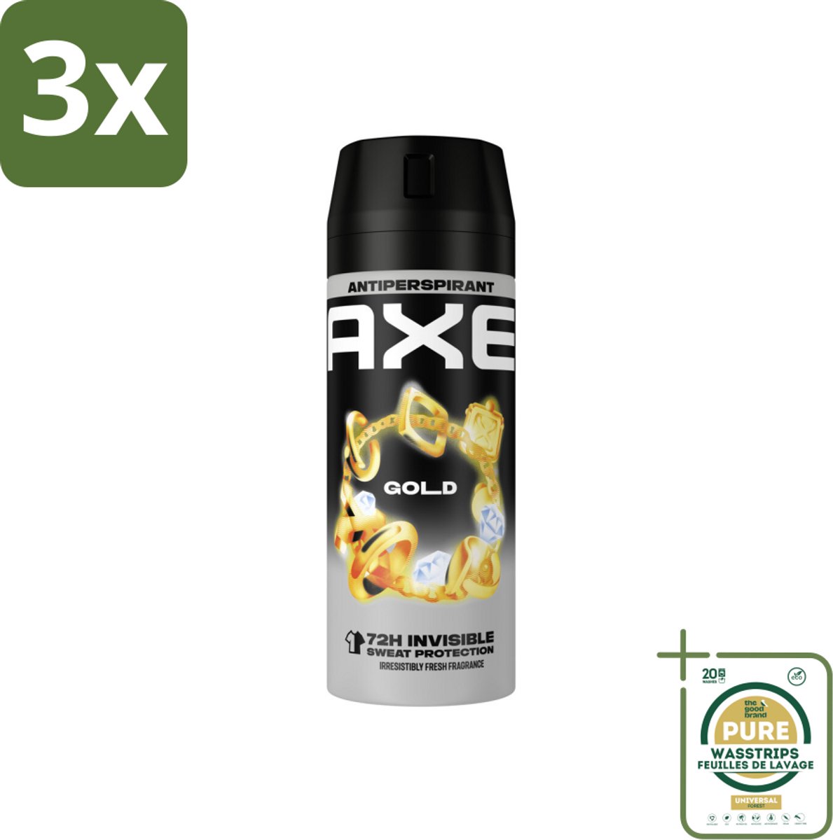 3 x Axe - Deodorant Spray - 72hrs Anti Sweat - Anti White Marks - Gold - 150 ml - Grootverpakking - Anti Transpirant Spray - 72 Uur Bescherming - Zweetvoorkomend - Witte Strepen Voorkomen - Oud Wood Geur