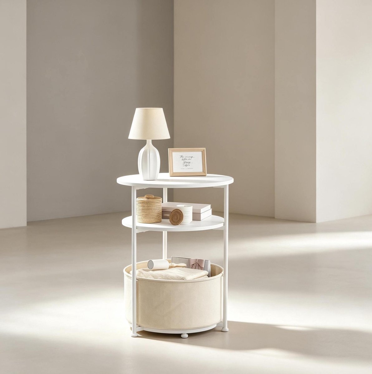 OKWISH Ronde Bijzettafel - Modern - Met Opbergmand - Voor Woonkamer En Slaapkamer - Wit Metaal - 43 X 43 X 56 Cm