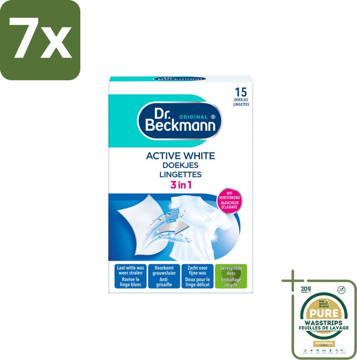 7 x Dr. Beckmann - Kleurverzorging - Active White - Witte Was - 15 Doekjes - Grootverpakking - Witwas - Grauwsluier Verwijderen - Witte Was Herstellen - Actieve Witmaker - Was Reinigen