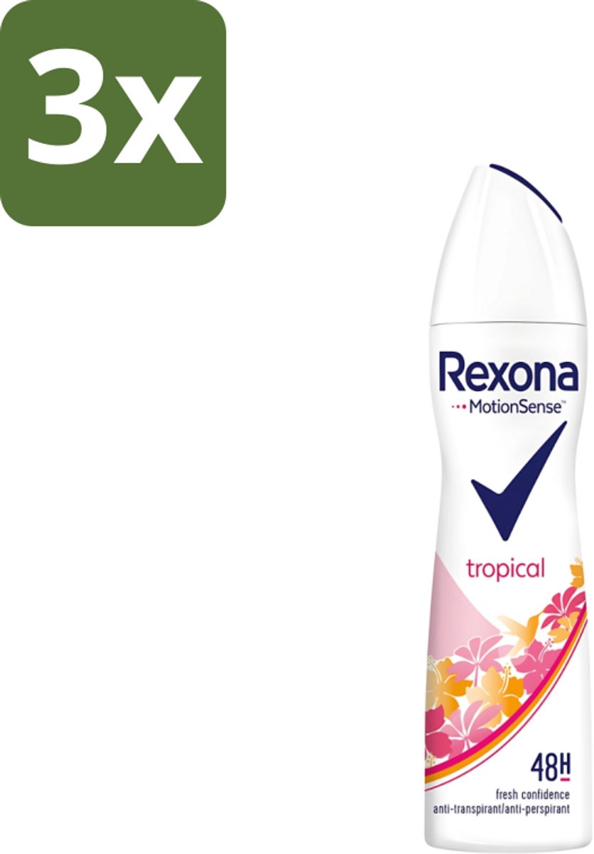 3 x Rexona - Deodorant Spray - Motion Sense - Tropical - Anti-Transpirant & Perspirant - 150ml - Anti-transpirant - Zweetvermindering - Deodorant - Tropische Geur - 48 Uur Bescherming