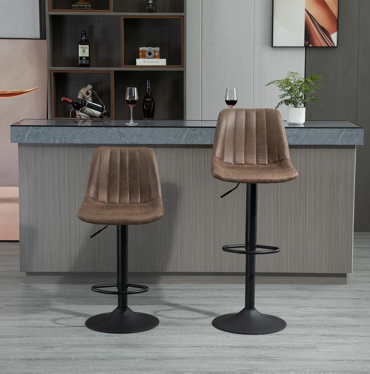 REDOM - Barkruk 2-delig - Hoogteverstelbaar en draaibaar - Met voetsteun en hoge rugleuning - Retrostijl - Keuken en thuisbar - Stof - Bruin - 43 x 46,5 x 89-110 cm