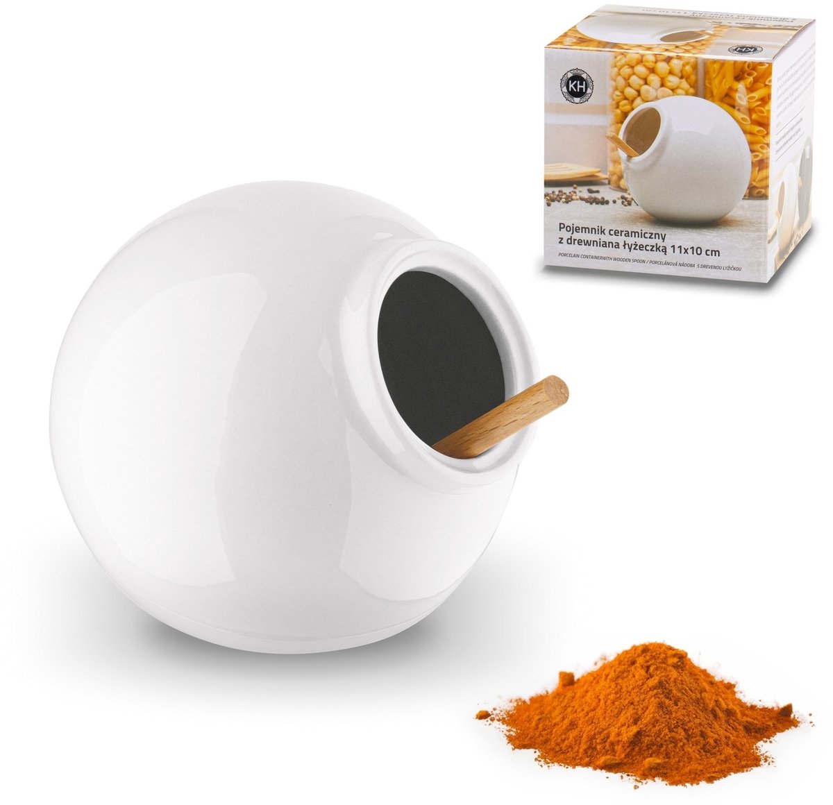 Wit Keramiek Potje met Bamboe Lepel voor Zout, Suiker & Kruiden