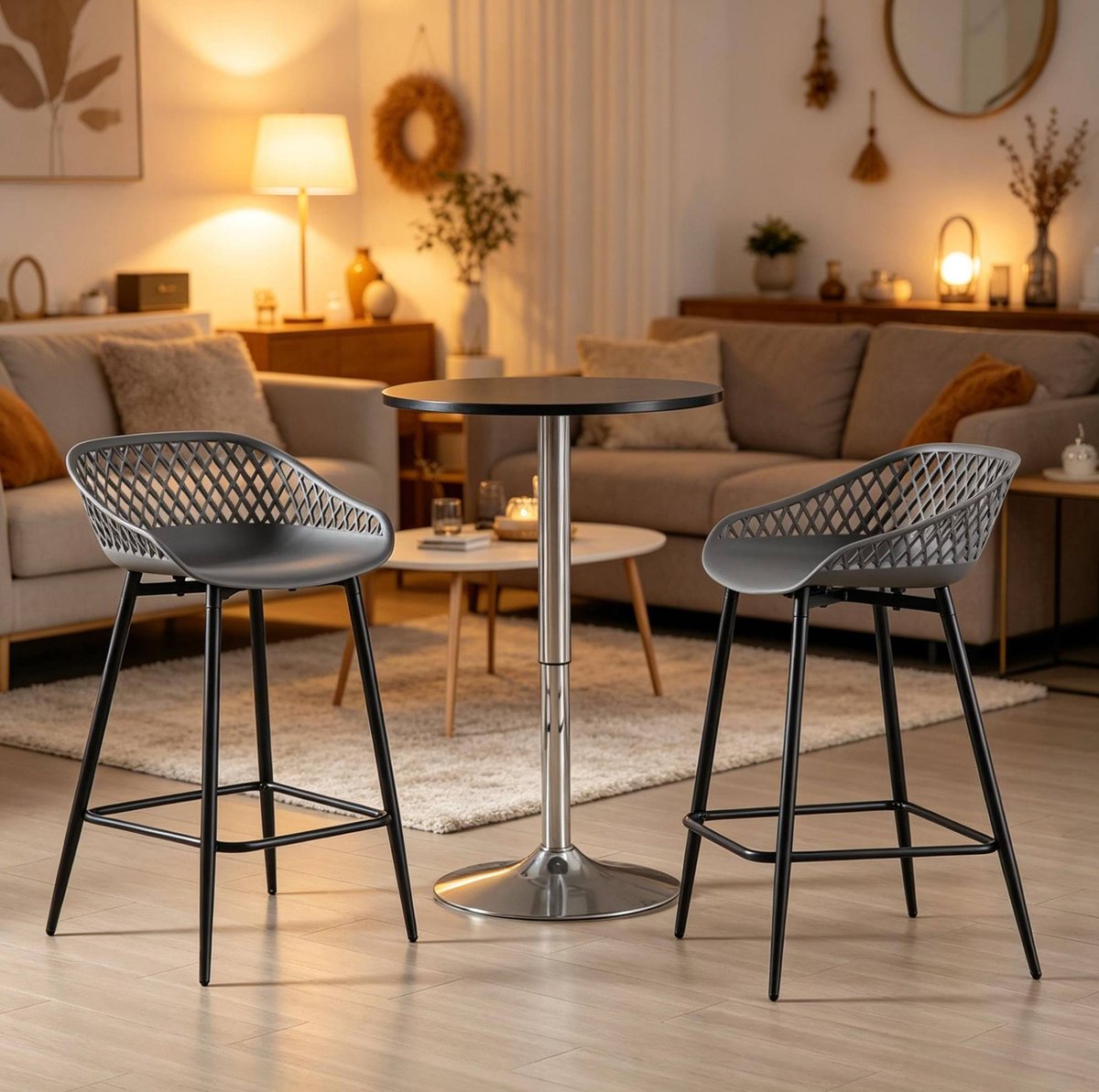 DESMIU Barkruk Set Van 2 - Hol Ontwerp Met Rugleuning En Voetsteun - Voor Keukenbar Balkon En Horeca - Kunststof Metaal - Grijs