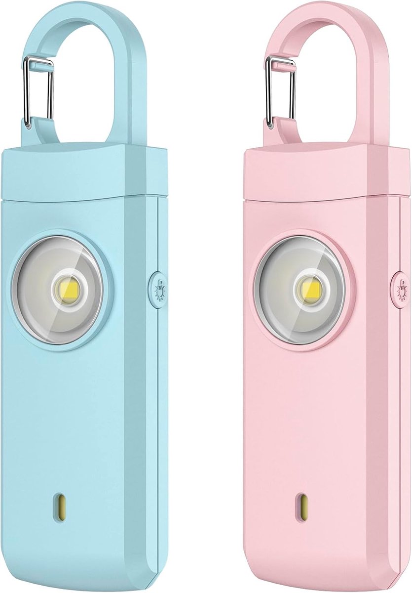 Persoonlijk alarm - 130 dB SOS-alarm - Oplaadbaar - Veiligheidssleutelhanger voor vrouwen - Met knipperlicht - Geschikt voor vrouwen, studenten, nachtploegmedewerkers, enz. - Set van 2 - Roze + Blauw