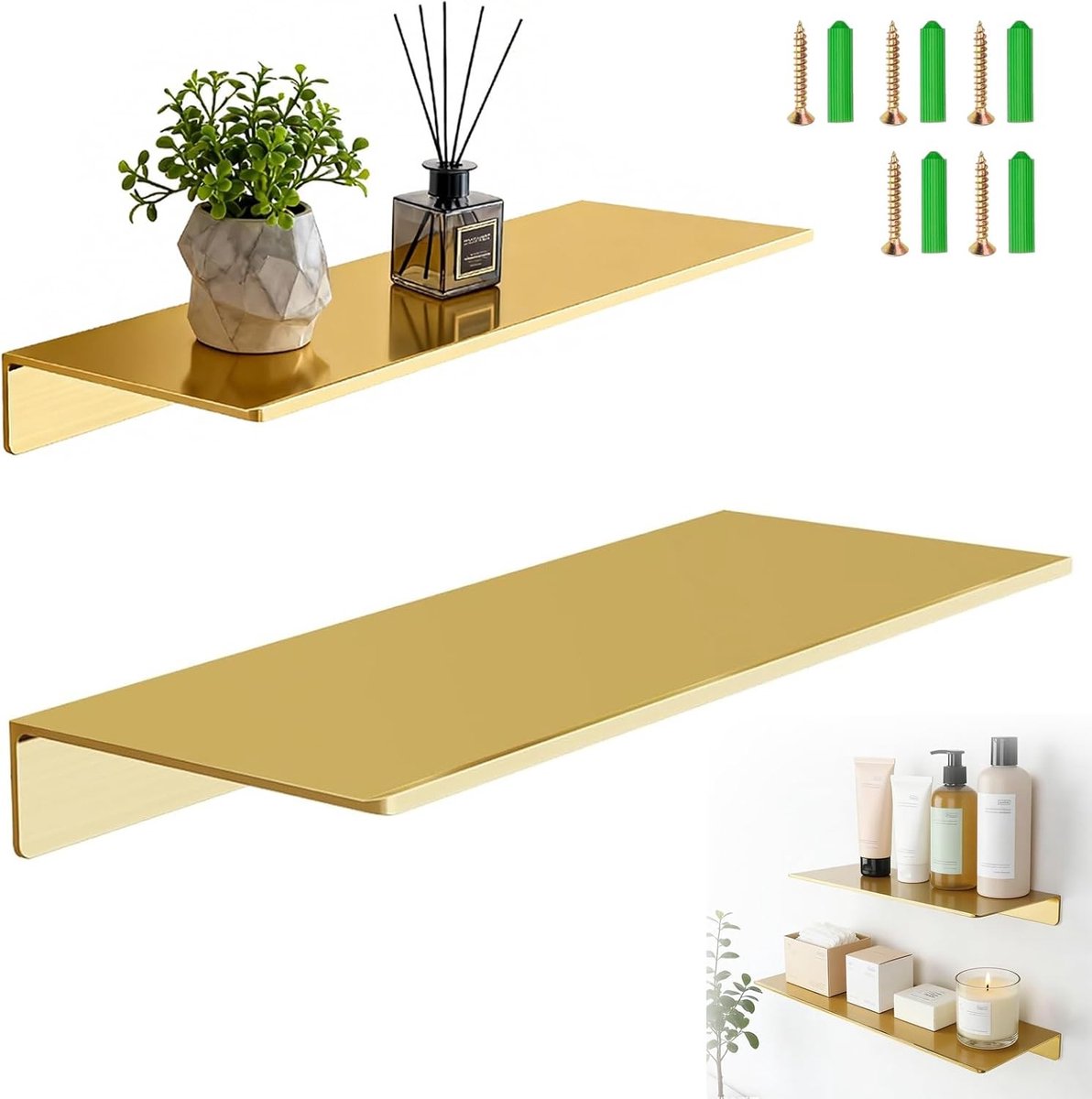Set van 2 Metalen Wandplanken, 40 cm en 30 cm, Decoratieve Zwevende Plank voor Woonkamer, Badkamer en Keuken, Ideaal voor Foto's, Verzamelobjecten en Trofeeën