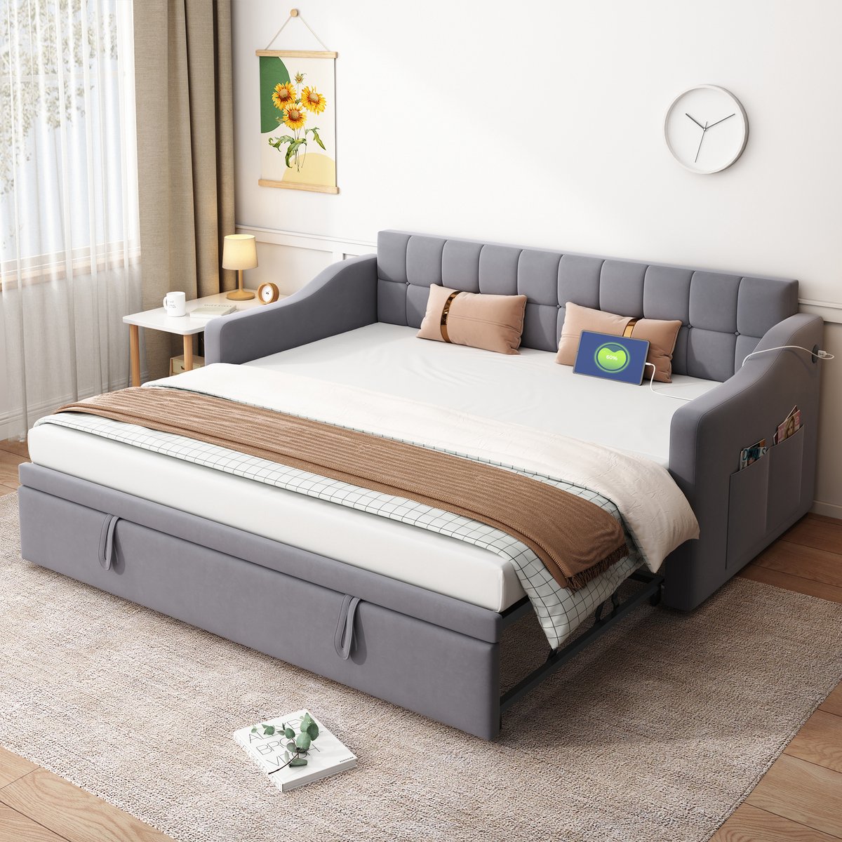 Gestoffeerde slaapbank - 2-in-1 uitschuifbaar naar tweepersoonsbed - 90/180x190 cm - Grijs fluweel - Geïntegreerde USB-oplaadpoorten in de armleuningen en handige opbergzakken