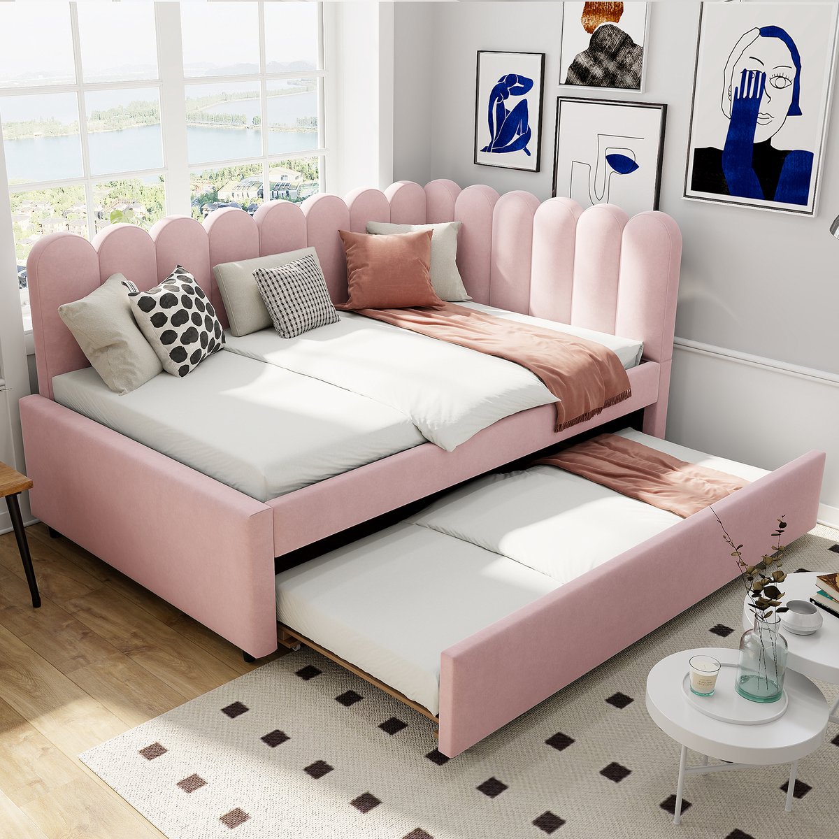 Gestoffeerd L-vormig slaapbank met uitschuifbed en bloemvormige rugleuning - ruimtebesparende hoekoplossing - 140x200 cm tweepersoons - roze fluweel - luxe en comfortabel design