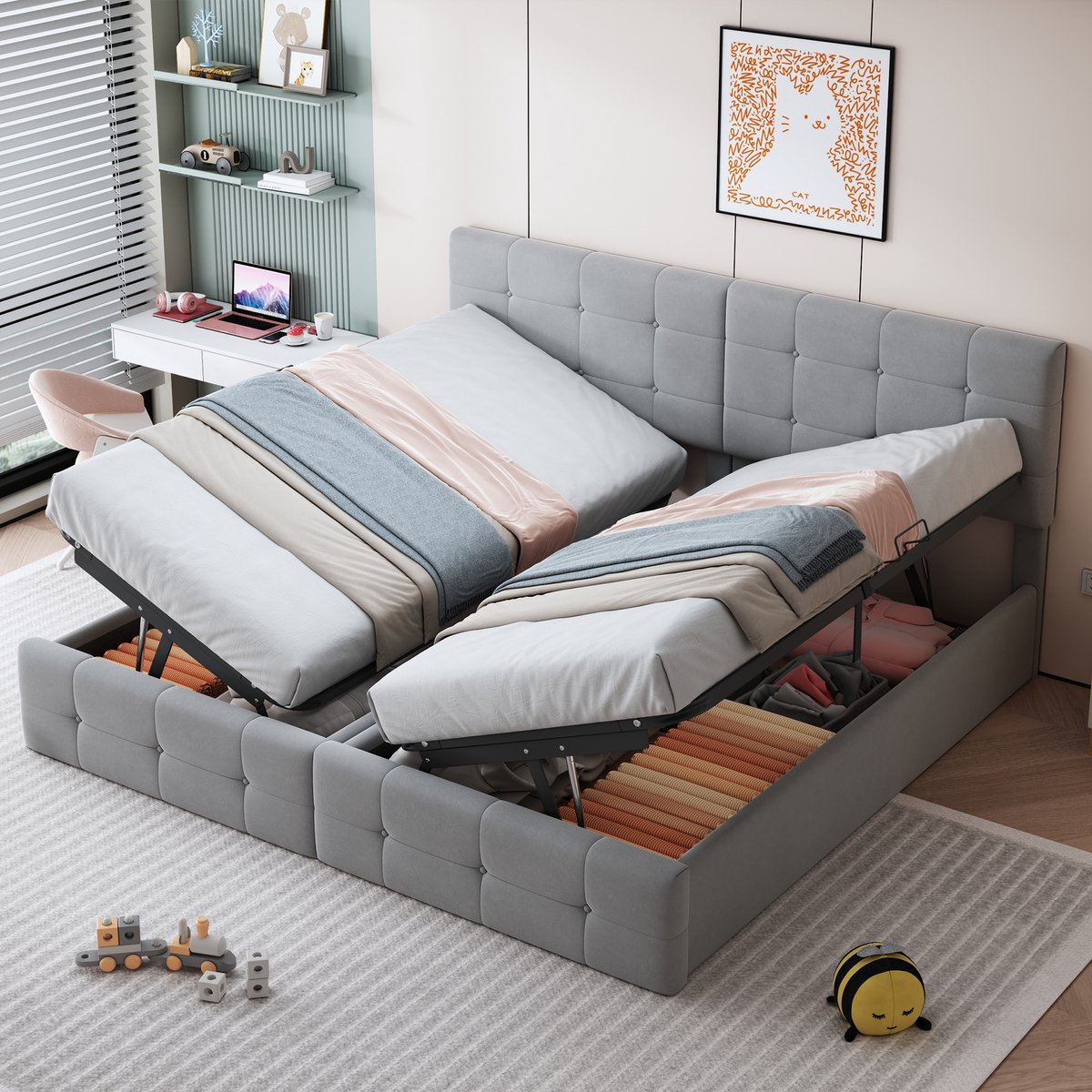 Gestoffeerd tweepersoonsbed - 2-in-1 ombouwbaar naar 2 eenpersoonsbedden - 180x200 cm - Grijs fluweel - Hydraulische opbergruimte - Verstelbaar hoofdeinde - Inclusief 24-delige lattenbodem