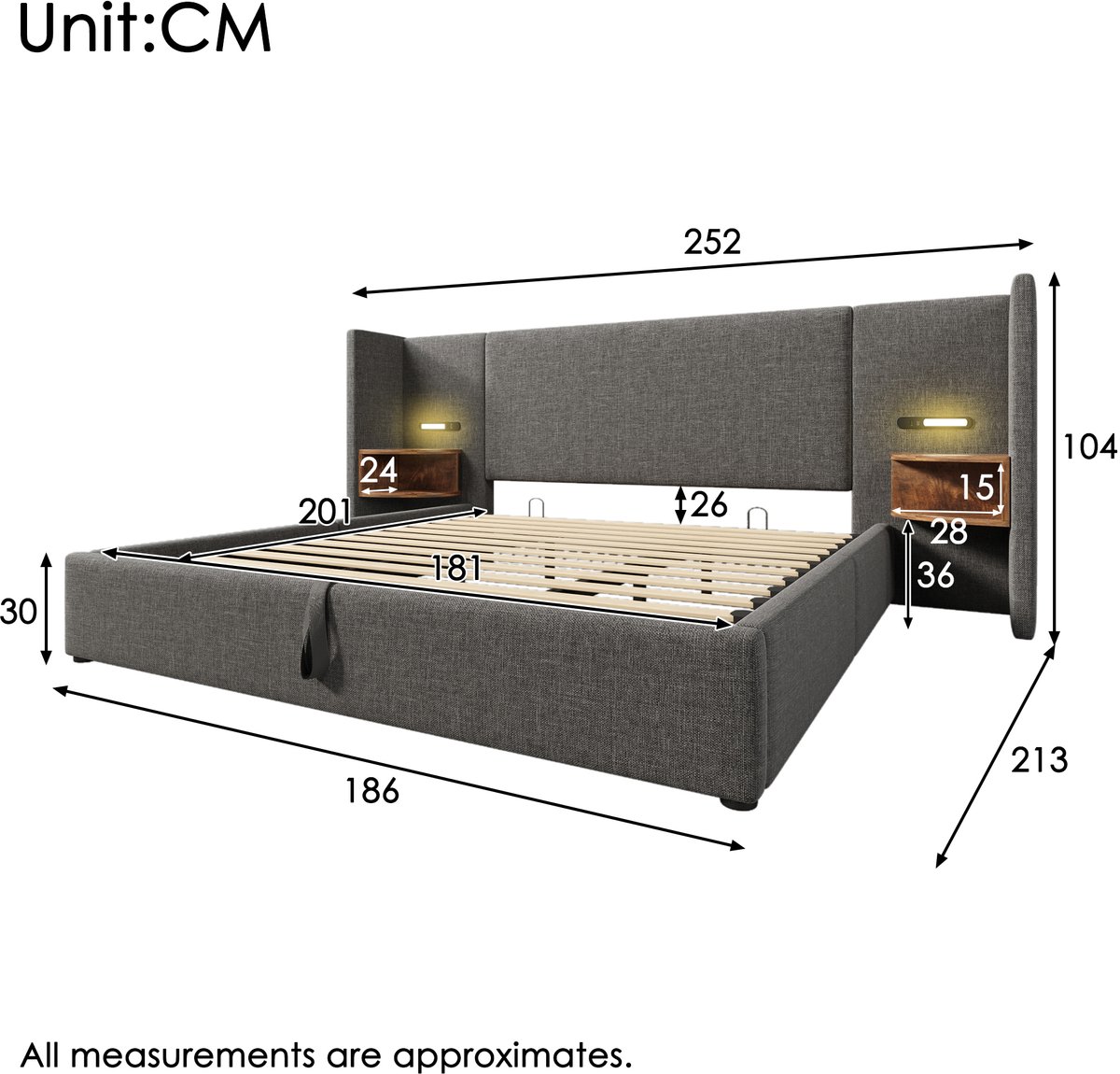 Gestoffeerd opbergbed met nachtkastje en leeslamp - 180x200 cm voor 2 personen - Grijs linnen - Hydraulische opbergruimte - Touch dimbare leeslamp met USB-C - Stabiel tot 226 kg