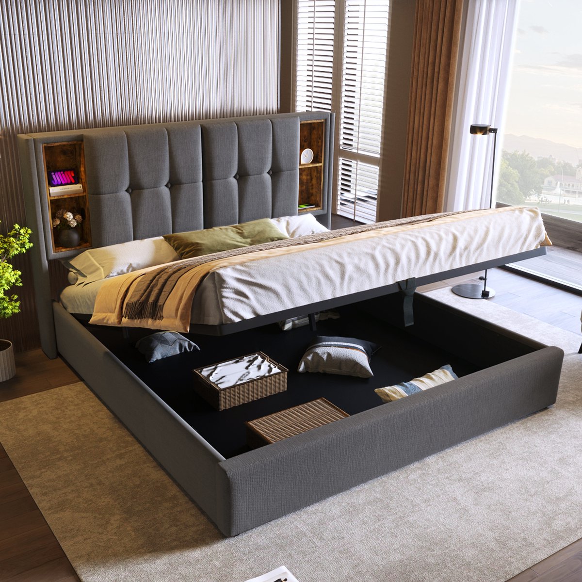 Gestoffeerd opbergbed - Draadloos laden en USB-C - 160x200 cm voor 2 personen - Grijs katoen - Gasveer liftsysteem voor extra opbergruimte - Inclusief lattenbodem