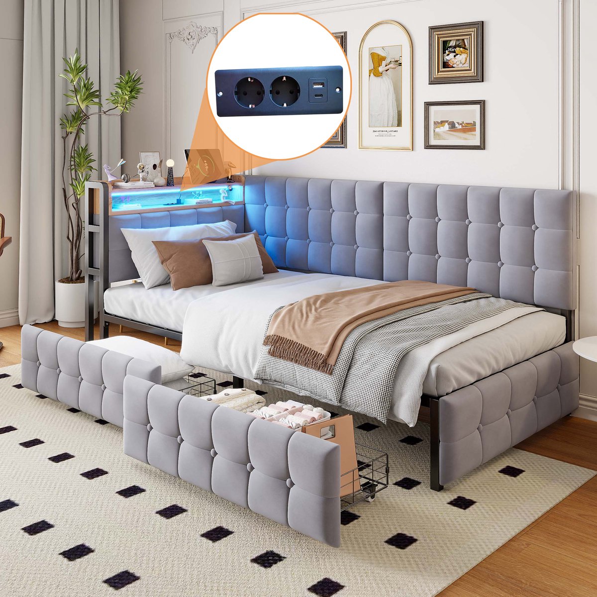 Gestoffeerd slaapbank 90x200 cm - Multifunctioneel bootbed met LED en USB-C - 1 persoon - Grijs - 2 opberglades en verstelbare sfeerverlichting - Stevig metalen frame - Inclusief lattenbodem