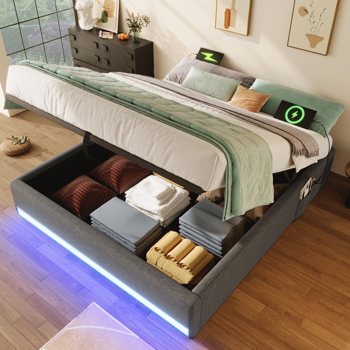 Gestoffeerd bed 140x200 cm - zonder hoofdbord met LED-verlichting, USB/Type-C en hydraulische opbergruimte - grijs - zijvakken voor kleine spullen - tot 226 kg