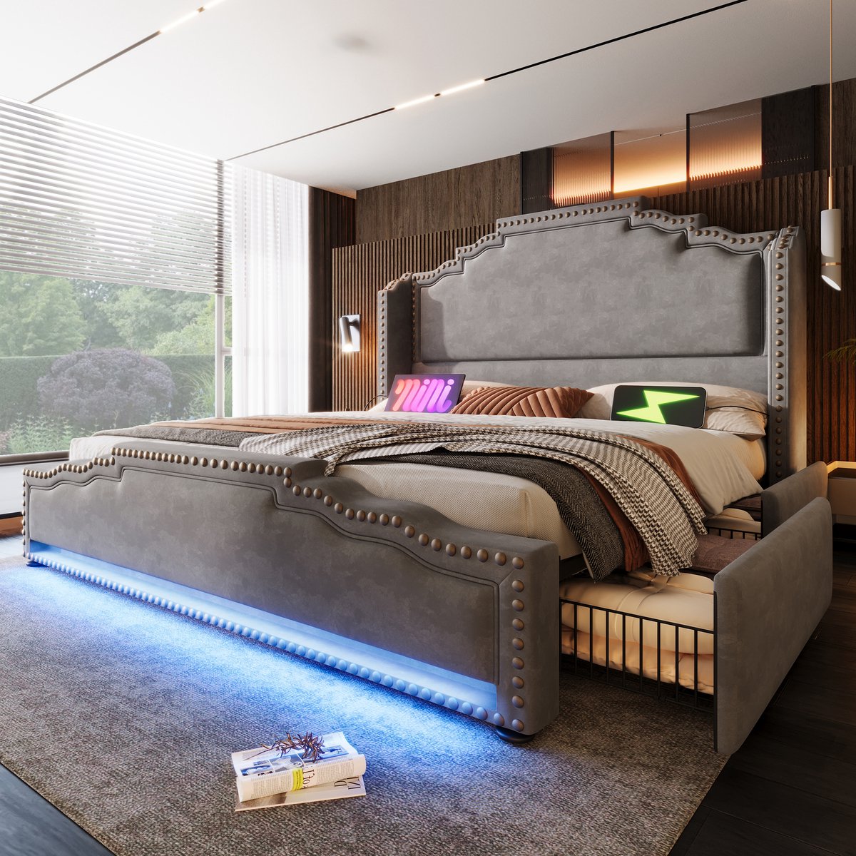 Gestoffeerd bed 160x200 cm - tweepersoons met 4 opberglades, LED en USB-C - grijs fluweel - vintage design met klinknagels en 60000 LED-kleuren - lattenbodem inbegrepen