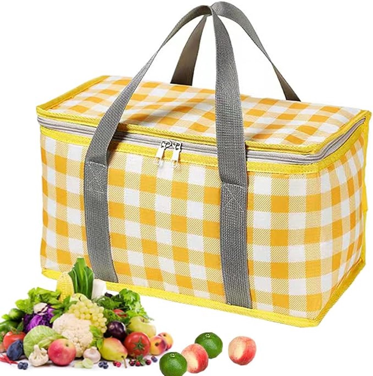 1 stuks‑geïsoleerde tas‑koeltas‑draagbare picknick tas‑waterbestendige opbergtas voor buiten kamperen‑opvouwbare picknicktas‑35x20x22 cm‑geel geruit