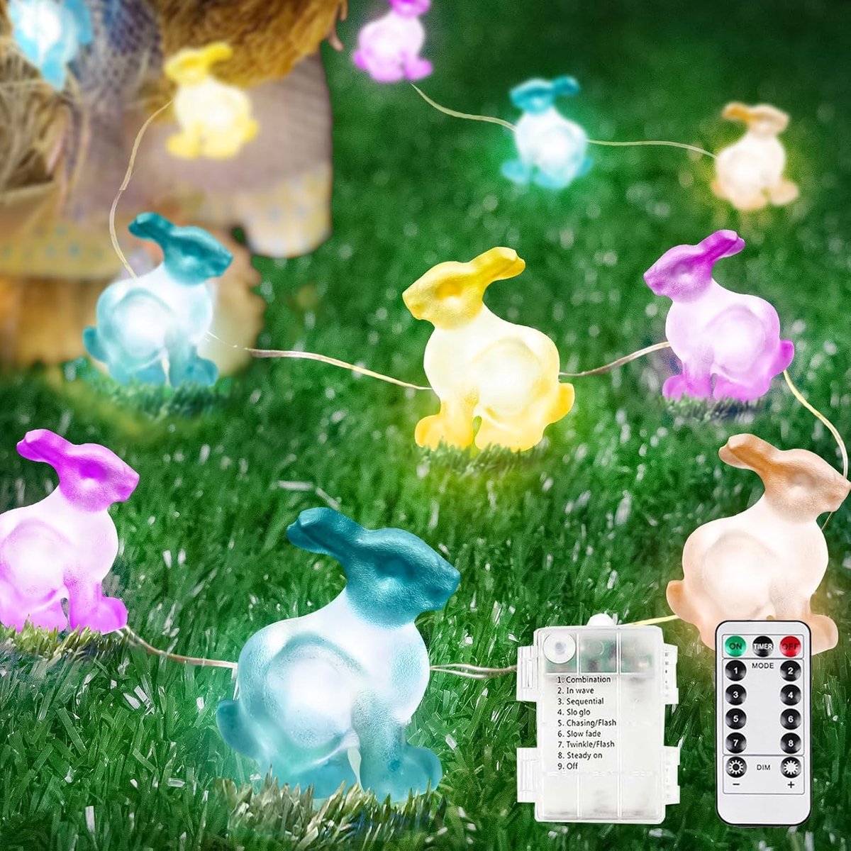 Paashaas-slingerlichtjes - batterij en afstandsbediening - pastelkleurig licht - voor feest- en thuisdecoratie - decoratieve lichtslinger - voor feestliefhebbers - meerkleurig - 1 stuk