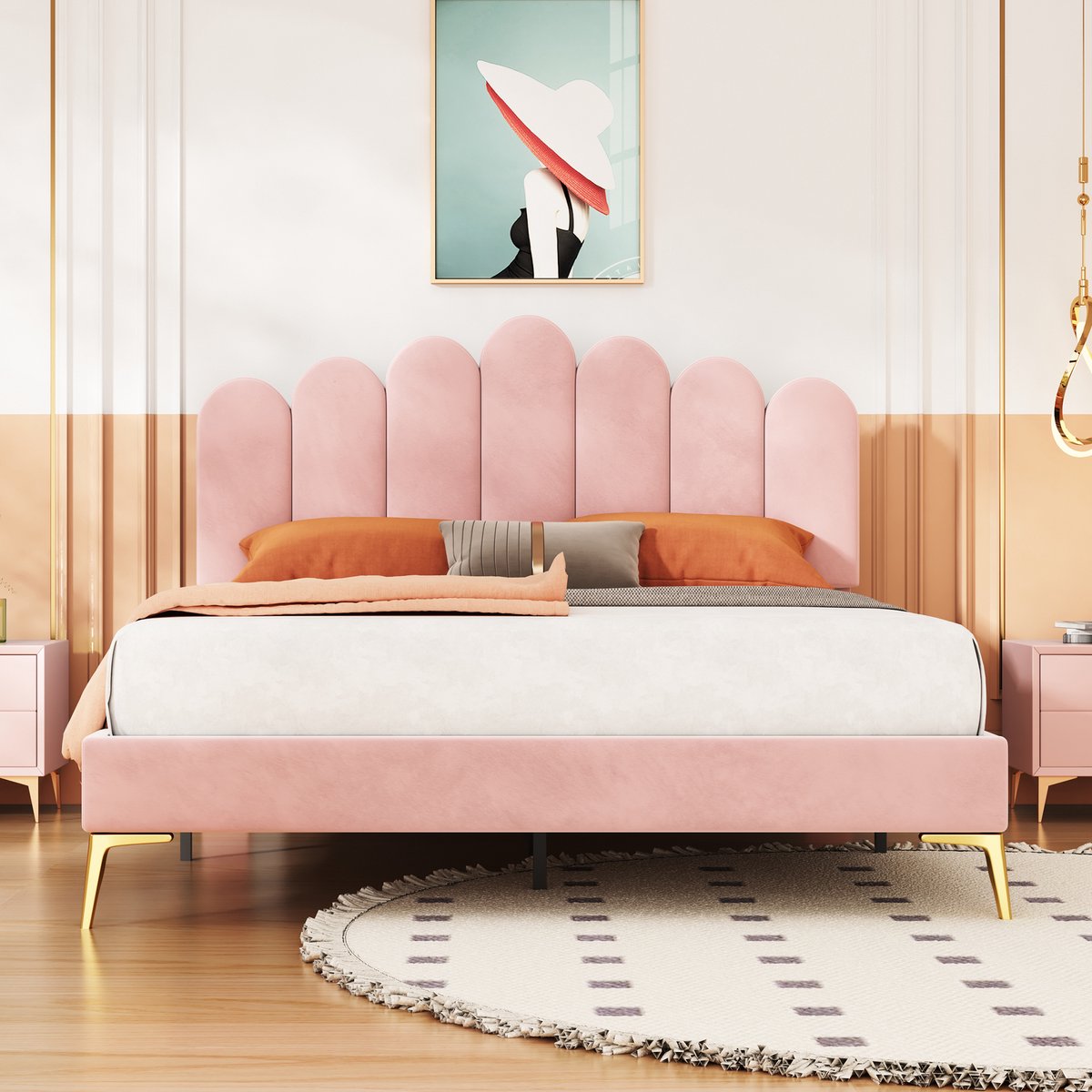 Gestoffeerd tweepersoonsbed 140x200 cm - In hoogte verstelbaar hoofdeinde - Roze - Zacht fluweel - Tot 250 kg draagvermogen - 12 stevige latten - Geschikt voor volwassenen, tieners en gasten