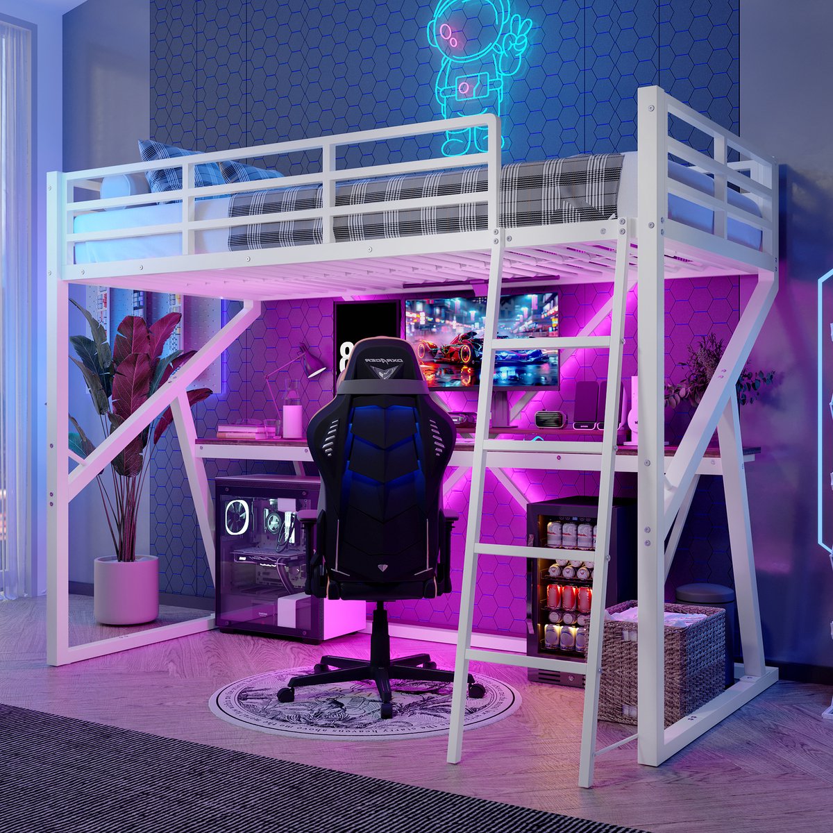Hoogbed met bureau - 90x200 cm - Wit metalen frame - Inclusief LED-lichtstrip met meerdere kleuren - Veiligheidsrek en stevige ladder - Ruime werkplek onder het bed