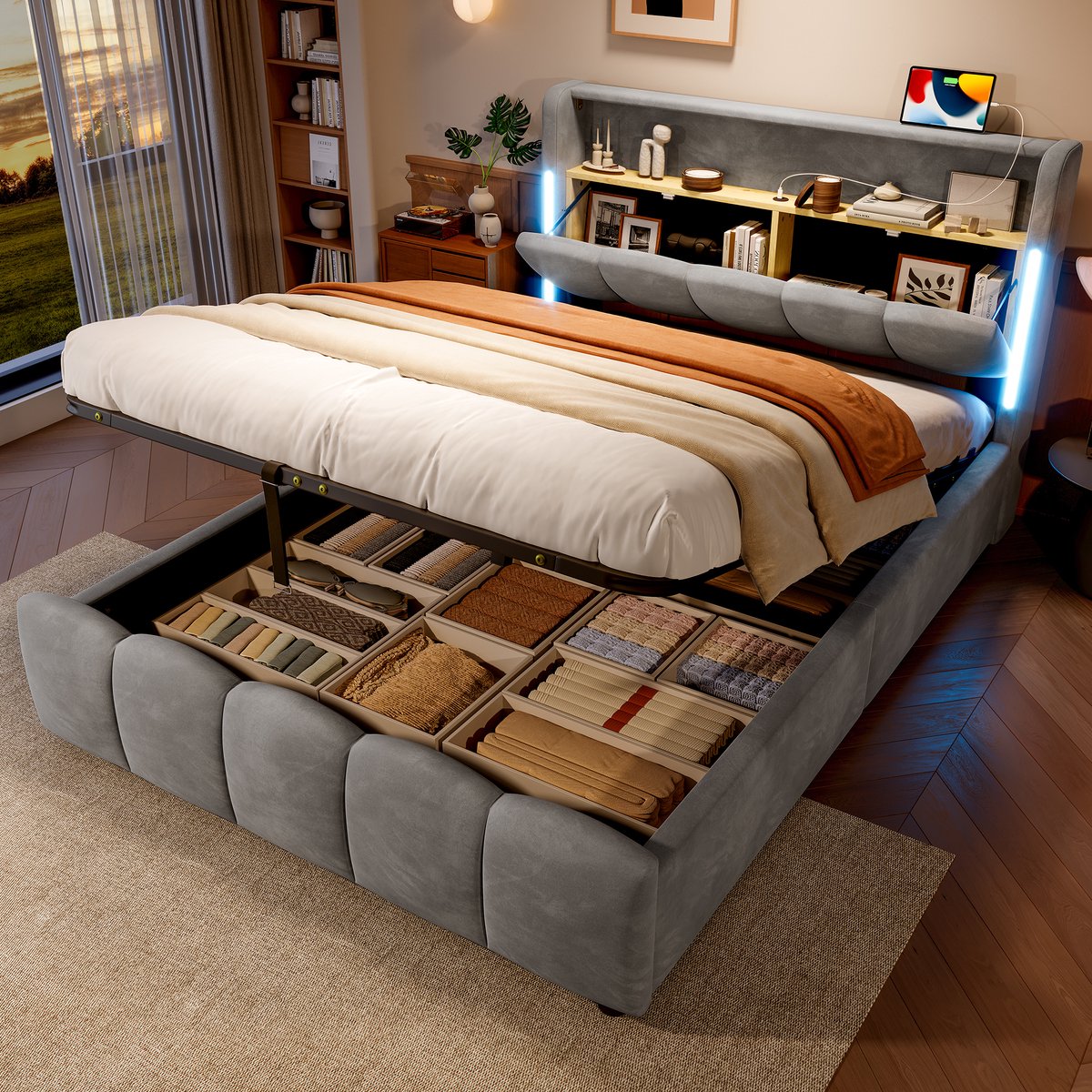 Gestoffeerd bed - met hydraulische opbergruimte, LED en USB/Type-C - 140x200 cm tweepersoons - grijs - hoofdeinde met opbergvak - zachte fluwelen bekleding - geen boxspring nodig