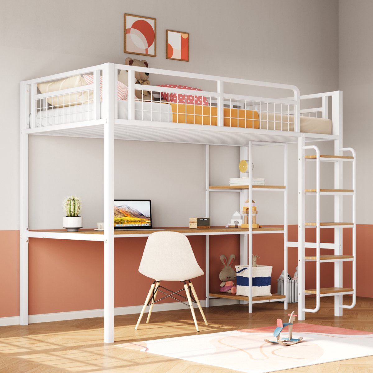 Metalen hoogslaper 90x200 cm - Multifunctioneel slaap- en werkbed met bureau en planken - Wit - Veilige trap met brede treden - Metalen gaas veiligheidshek - Stabiel stalen frame tot 120 kg