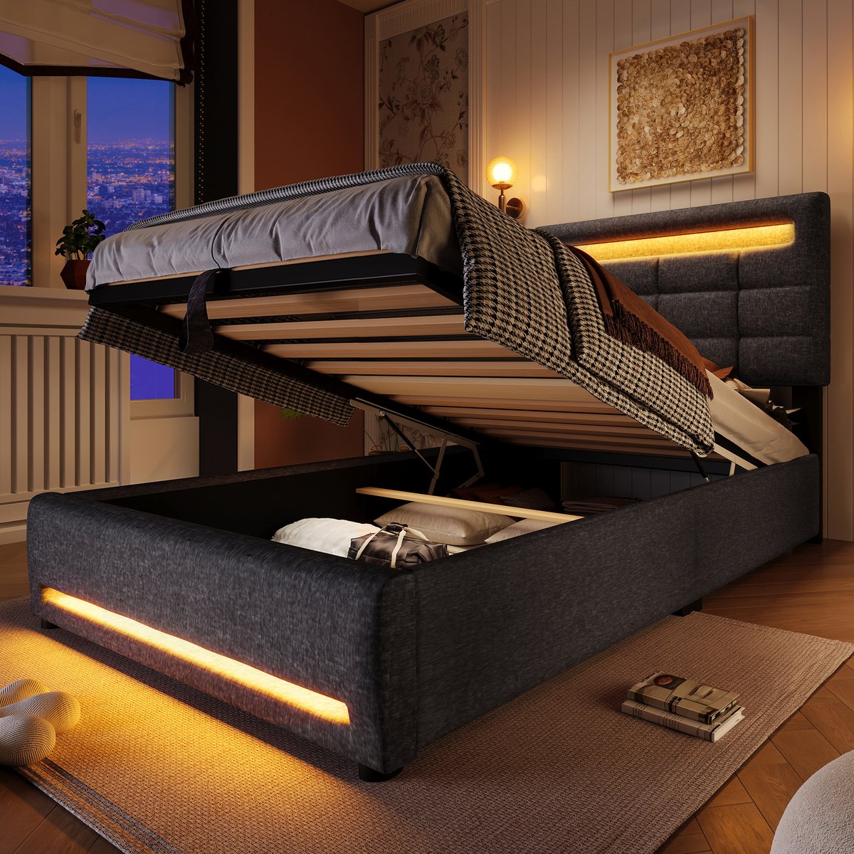 Gestoffeerd opbergbed 90x200 cm - eenpersoons - grijs linnen - hydraulische opbergruimte - app-gestuurde 16-kleuren LED - USB-laadpoort aan hoofdeinde - vierkant design