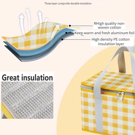 1 stuks‑geïsoleerde tas‑koeltas‑draagbare picknick tas‑waterbestendige opbergtas voor buiten kamperen‑opvouwbare picknicktas‑35x20x22 cm‑geel geruit — afbeelding 5