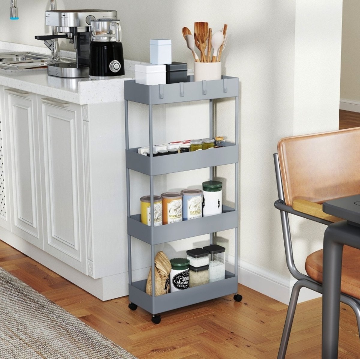 MIVRAY Rollwagen – Vier Niveaus Met Wielen En Remmen – 40 x 19 x 90 cm – ABS – Grijs – Smalle Keuken En Badkamer Opbergruimte
