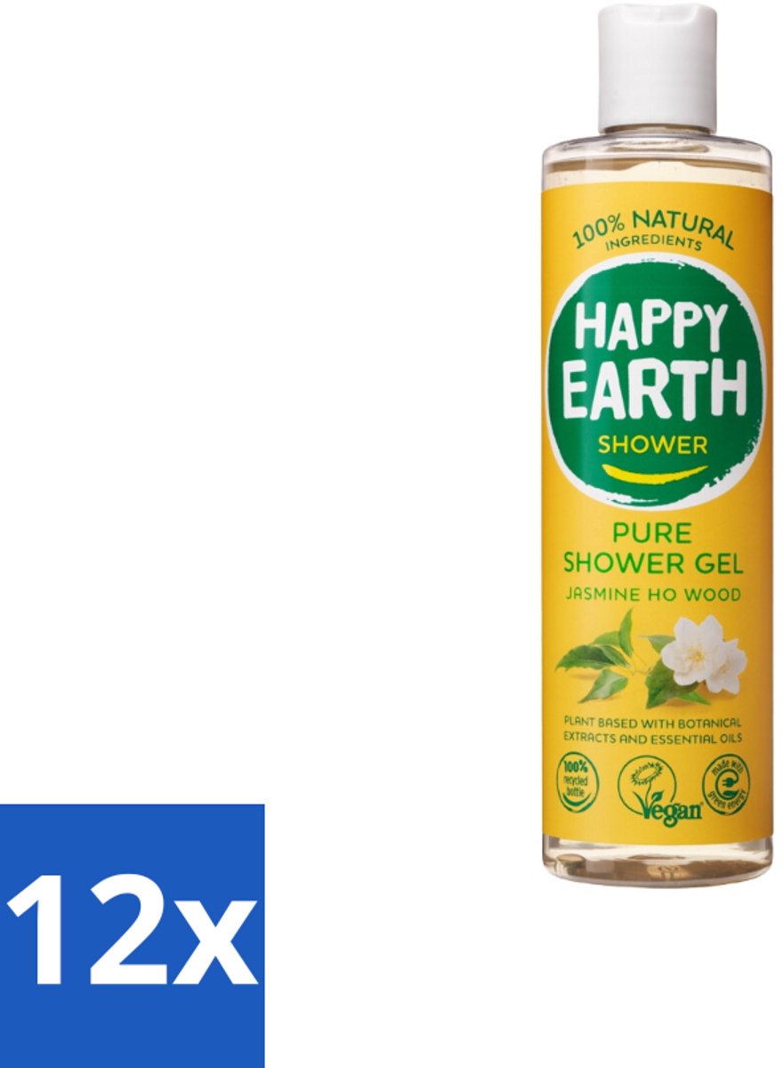 12 x Happy Earth – Douchegel – 100% Natuurlijk Jasmine Ho Wood – 300 ml - Natuurlijke Douchegel - Jasmijn En Ho Wood - Vegan Douchegel - Huidverzorging - Biologisch Afbreekbaar