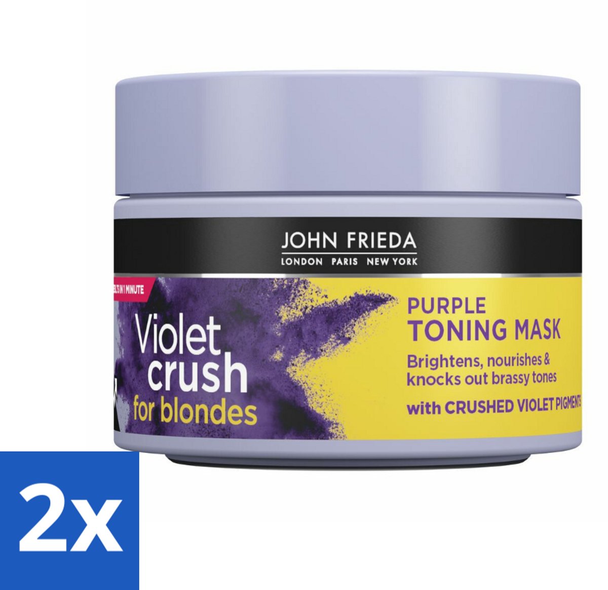 2 x John Frieda – Haarmasker – Violet Crush Purple Toning – Neutraliseert gele tonen – 250 ml - Gele Tonen Neutraliseren - Koele Blonde Kleur - Paarse Pigmenten - Blauwe Pigmenten - Haar Tonen