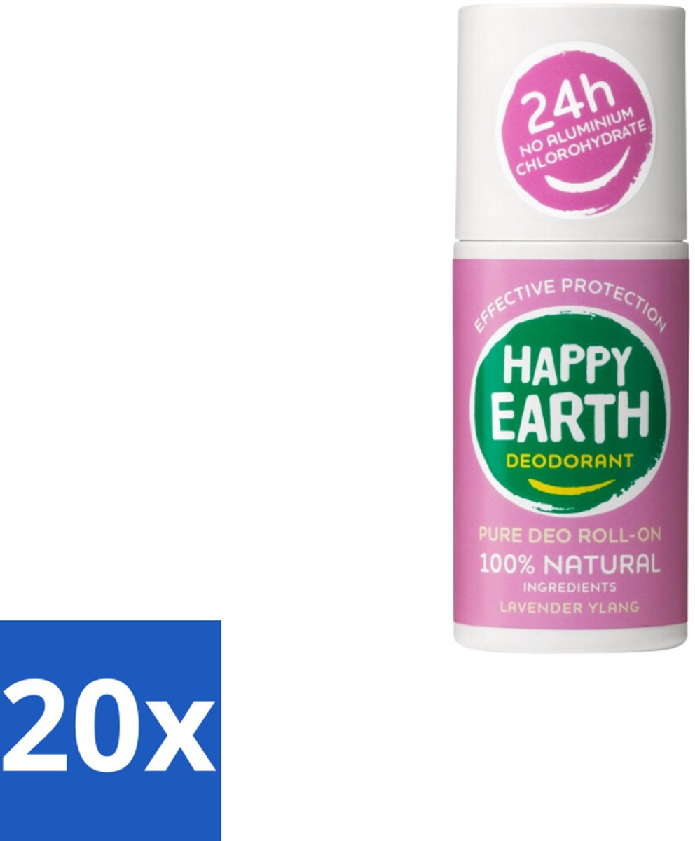 20 x Happy Earth – Deodorant Roll-On – 100% Natuurlijk Lavender Ylang – 75 ml - Natuurlijke Deodorant - Lavendel Ylang - Roll-on Deodorant - Geur - Gevoelige Huid