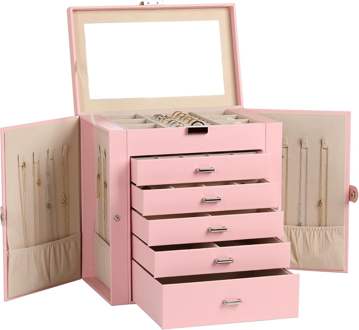 Grote sieradenbox van PU-leer, 6 lagen met slot, multifunctionele opbergdoos met 5 lades voor oorbellen, kettingen, armbanden en horloges (Roze)