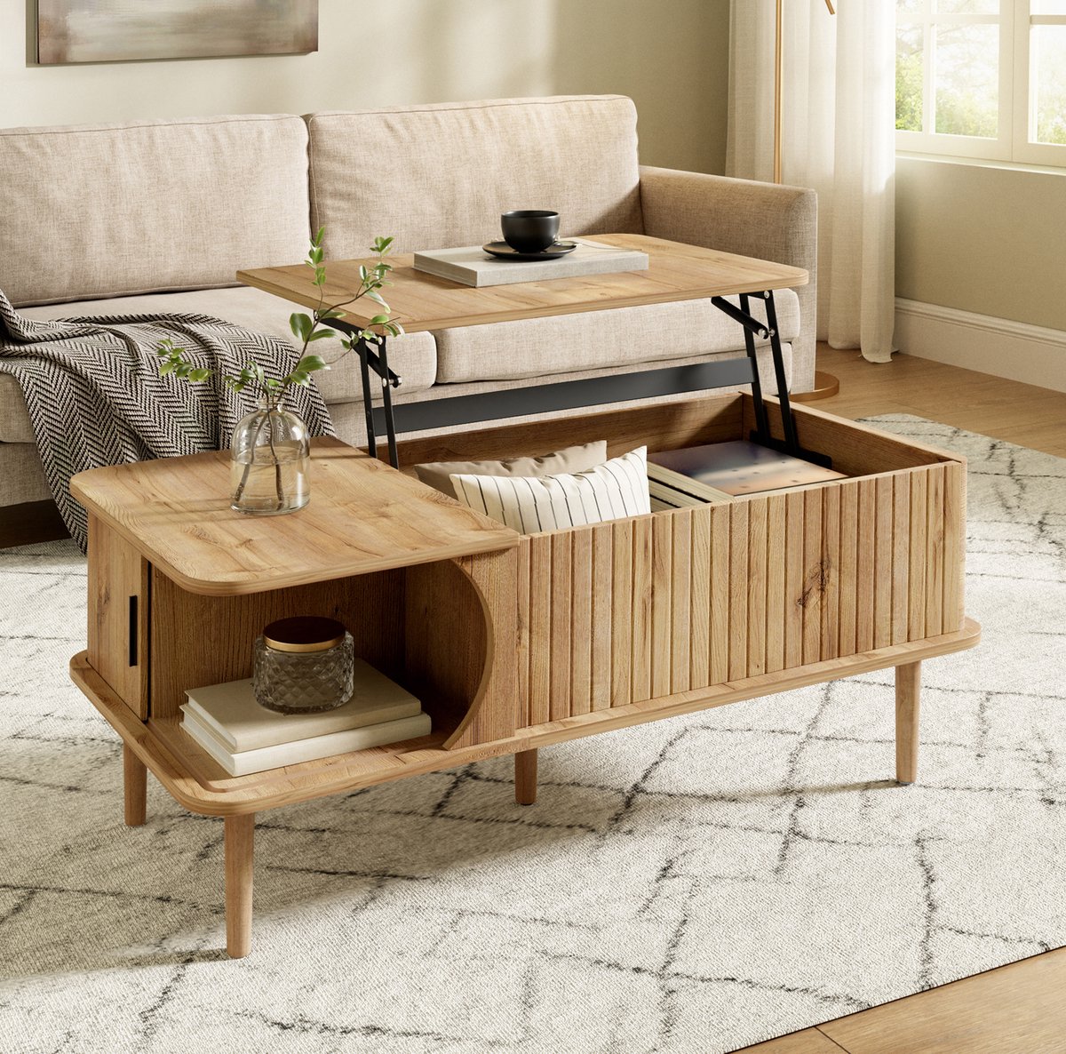 STILVORA Salontafel - Modern Retro Met Hoogteverstelbaar Tafelblad En Schuifdeur - Opbergruimte Voor Woonkamer En Werkkamer - MDF En Hout - 100x48x55,5 Cm - Naturel