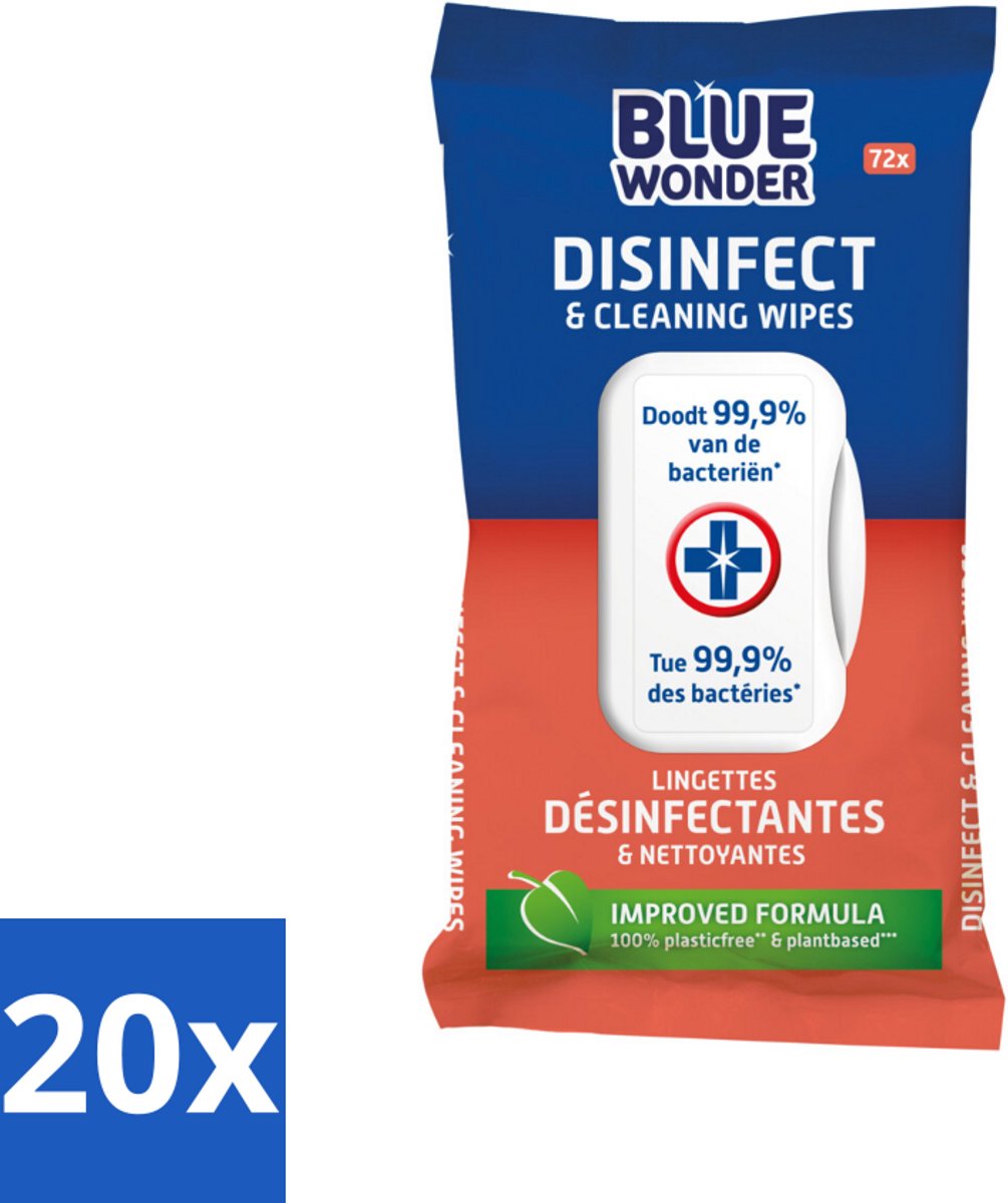 20 x Blue Wonder Desinfectie Reiniger Doekjes 72 stuks per verpakking - Schoonmaken - Desinfecteren - Doekjes - Hygiëne - Bacterievrij