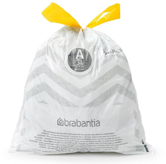 Witte Brabantia 3L vuilniszak, code A. Met grijze chevronprint en gele sluitstrip. Tekst in meerdere talen.