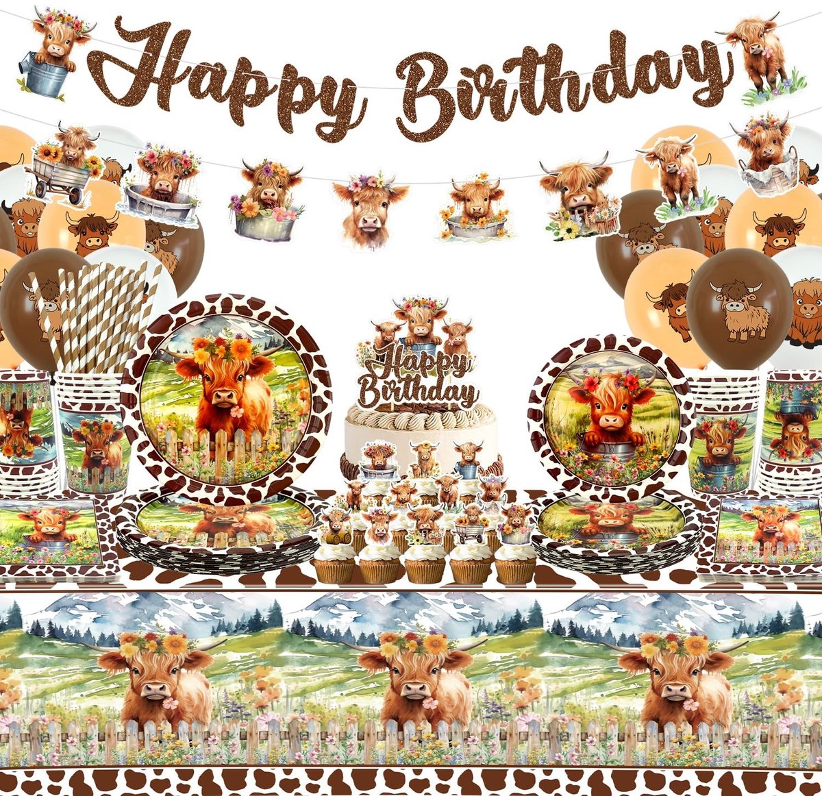 Elzusha - Highland Cow Verjaardagsdecoraties Set met Tafelgerei voor 20 Personen