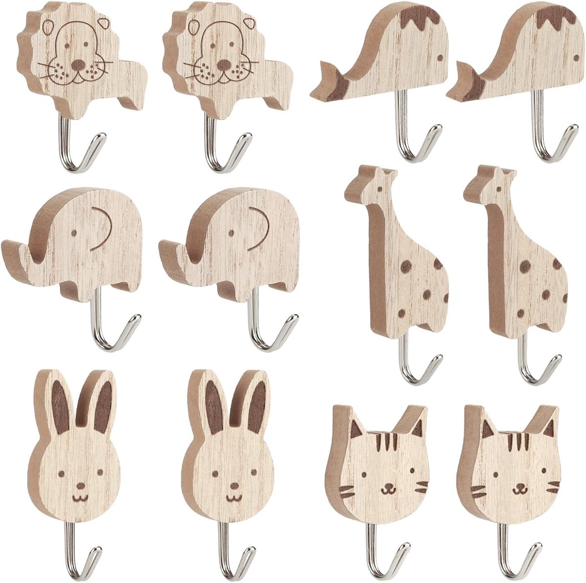 Set van 12 Schattige Dieren Wandhaken voor Kinderen - Zelfklevende Kledinghaken voor Kinderkamer Decoratie en Organisatie