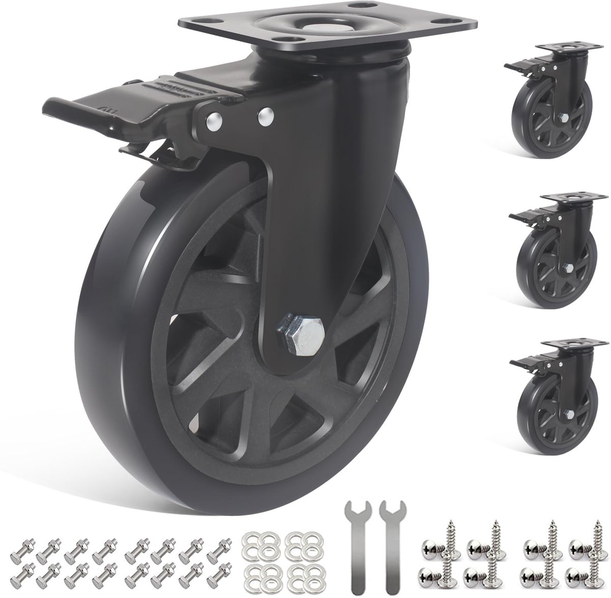 Elzusha - 150 MM Heavy Duty Caster Wielen - Rubber Swivel Trolley Wielen met Rem