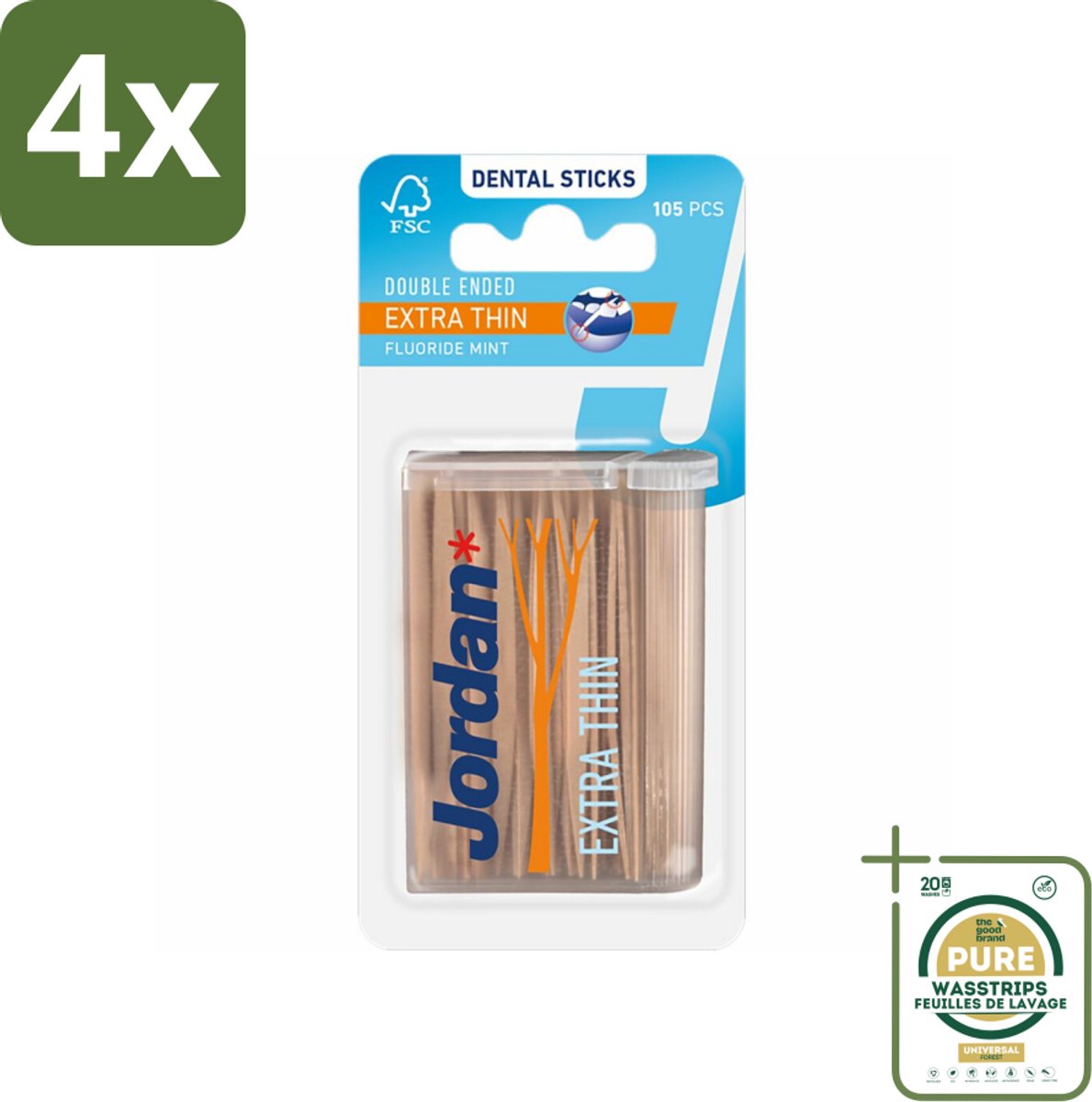 Jordan Tandenstokers Double Ended Extra Thin 105 stuks per verpakking - Voordeelverpakking - 4 stuks - Tanden reinigen - Tandplak verwijderen