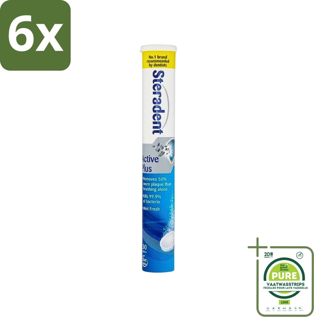 Steradent - Reinigingstabletten - Active Plus - Tegen Tandsteen & Bacteriën - 30 Tabletten - Voordeelverpakking - 6 stuks - Kunstgebit reinigen - Tandsteen verwijderen