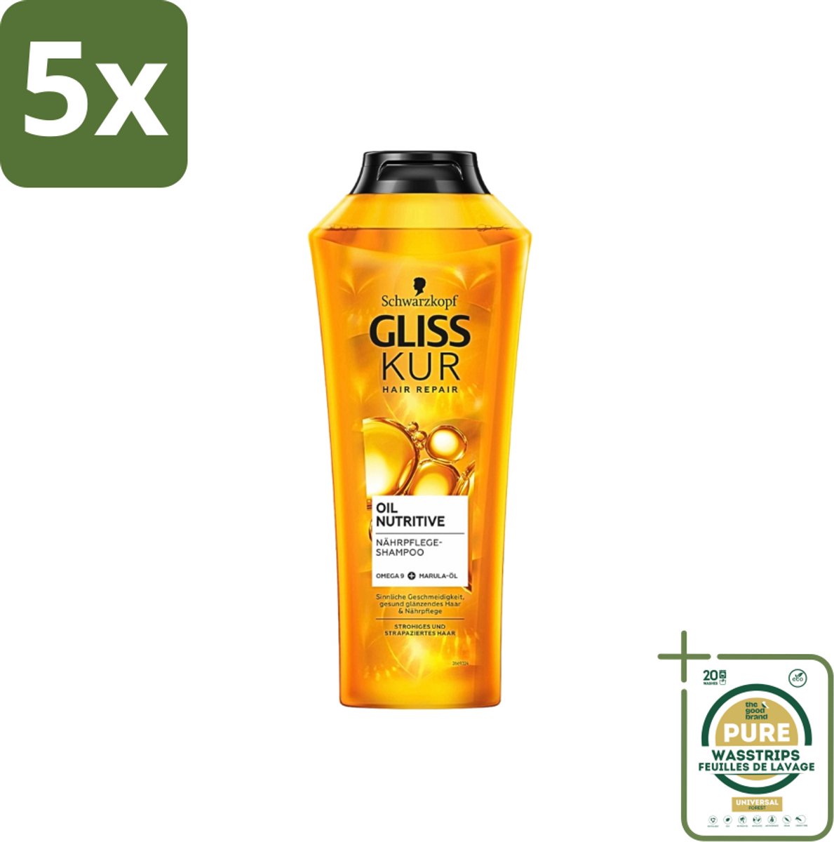 5 x Gliss-Kur - Shampoo - Oil Nutritive - Voedende Shampoo - Voor Stroef & Gespannen Haar - 400 ml - Grootverpakking - Stroef Haar - Gespannen Haar - Voedend Shampoo - Hydraterend Shampoo - Abrikozenpitolie