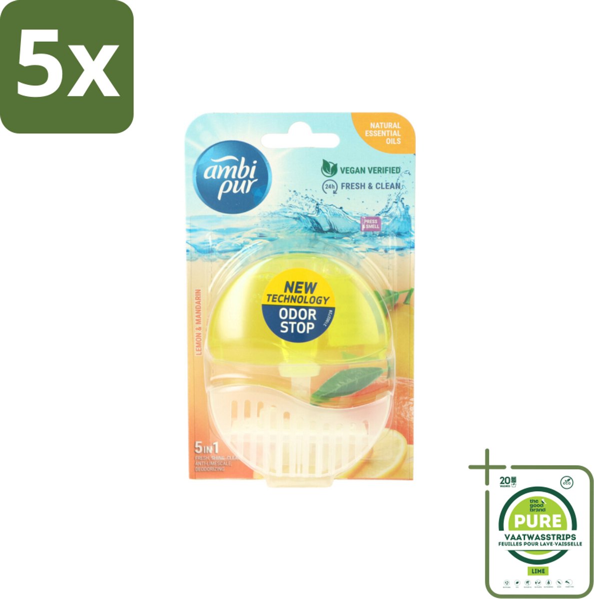 5 x Ambi Pur Toiletblok Starterkit 5in1 Lemon & Mandarine - Grootverpakking - Toiletblok - Toilet Hygiëne - Citroen Geur - Mandarijn Geur - Frisse Geur