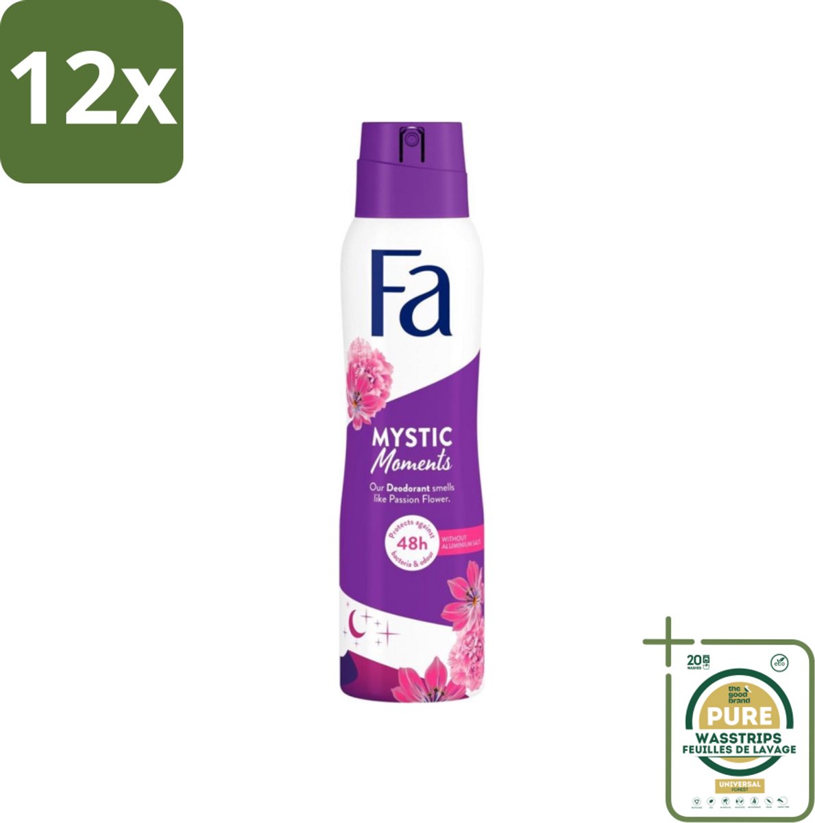 Fa - Deodorant Spray - Mystic Moments - Passiebloem geur - 48 uur Bescherming - 150 ml - Voordeelverpakking - 12 stuks - 48 uur bescherming - Geurveroorzakende bacteriën