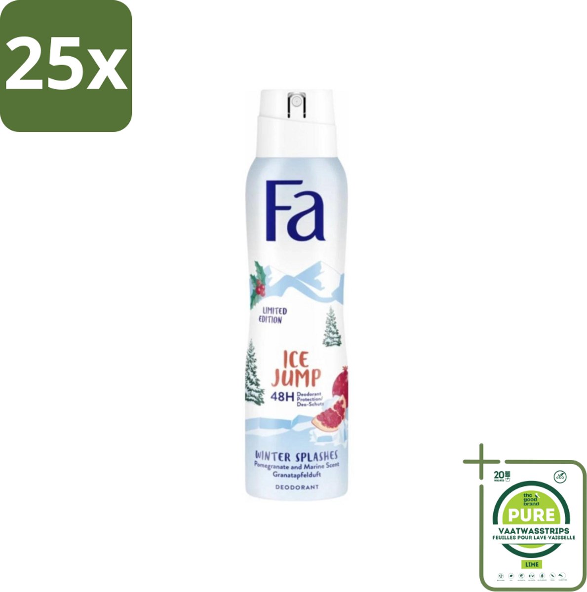 25 x Fa - Deodorant Spray - Winter Splashes Ice Jump - Koel - 48 uur Bescherming - 150 ml - Grootverpakking - Deodorant Spray - Winter Splashes Ice Jump - 48 Uur Bescherming - Koel - Fris