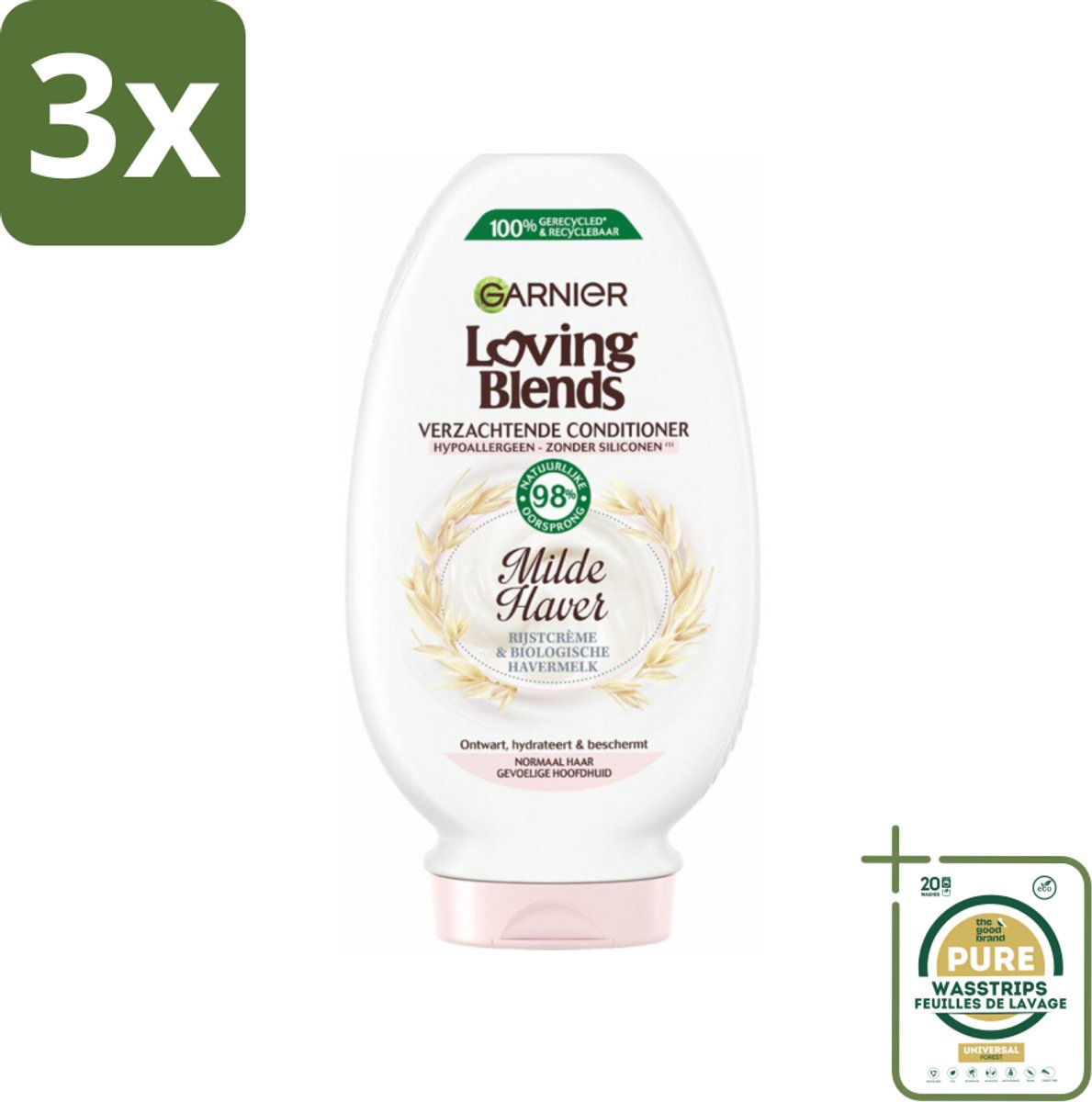 3 x Garnier Loving Blends Milde Haver Conditioner 250 ml - Grootverpakking - Conditioner Voor Gevoelige Hoofdhuid - Milde Conditioner - Hypoallergene Conditioner - Rijstcrème Conditioner - Biologische Havermelk Conditioner